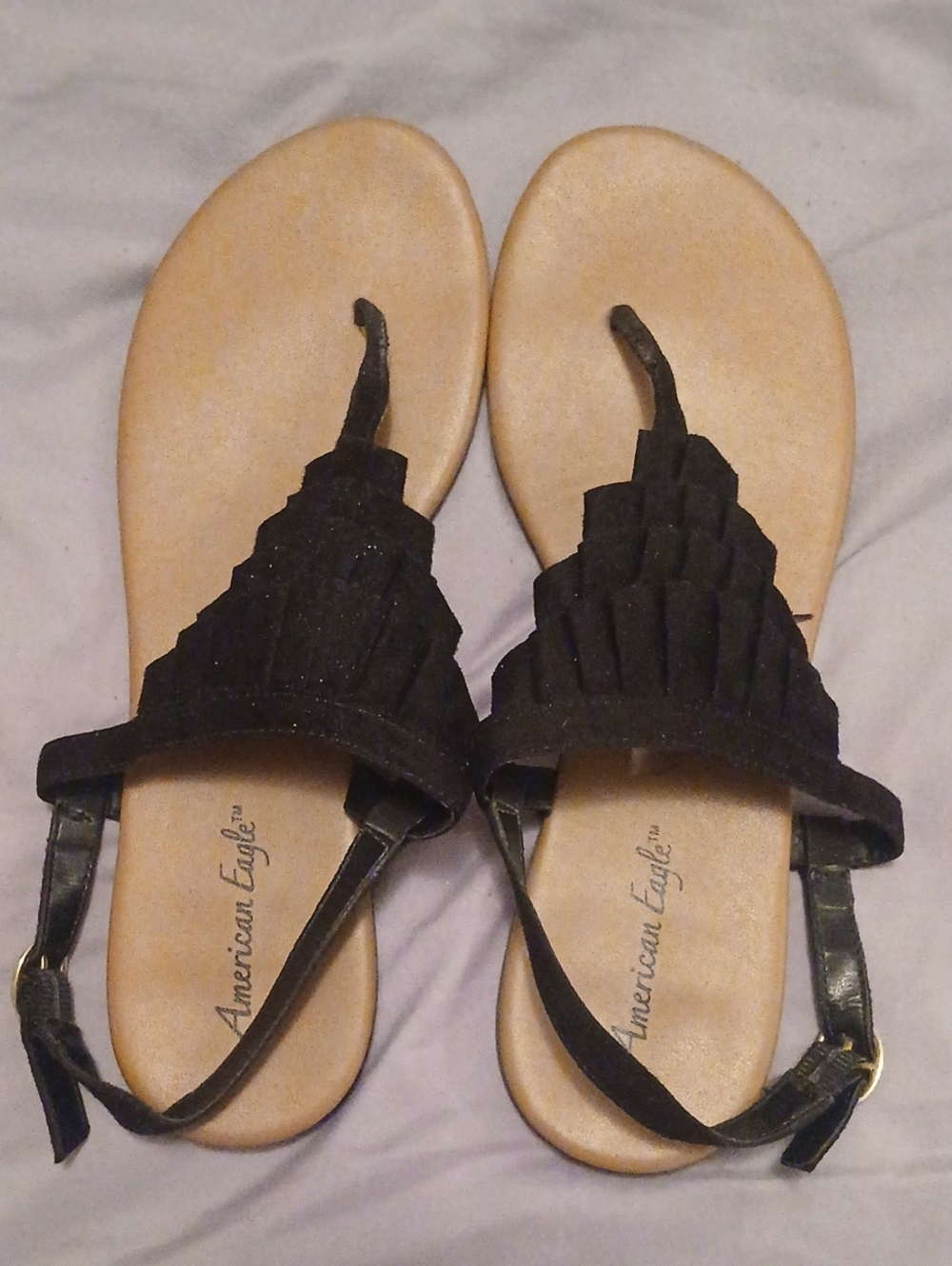 American Eagle Outfitters Black Fringe Thong Sandals for Women - Tan Footbed